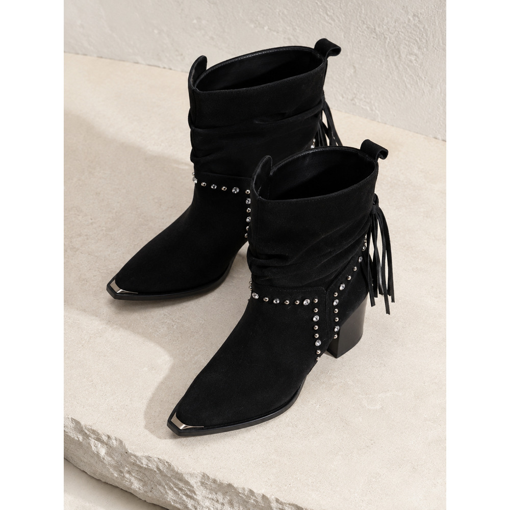 VENUS Women’s 6M Black Fringe Rhinestone Studded Pointed Toe Ankle Boots - Picture 3 of 10